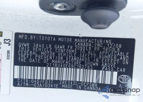 2009 Toyota Corolla S z USA, uszkodzony, nr VIN 2T1BU40E69C162783